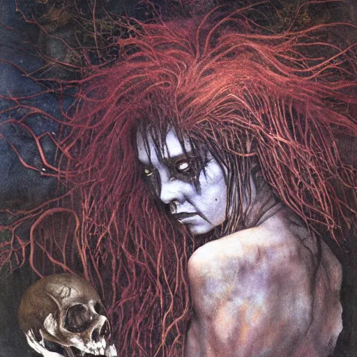 Image similar to evil rusalka of the blighted swamp, aquiline features, holding a human skull thin, young black shimmering hair, by brian froud, cold secondary colors, colors reflecting on lake, swamp roots and dead trees, oil on canvas, oil panting