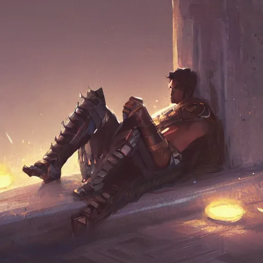 Image similar to 'A human male paladin in chainmail is resting after a fight, art by Greg Rutkowski, 4k'