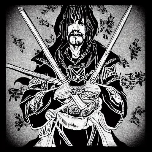 Image similar to black and white pen and ink!!!! aesthetic instagram artstation trending royal! nordic goetic Raiden x Frank Zappa golden!!!! Vagabond!!!! floating magic swordsman!!!! glides through a beautiful!!!!!!! floral!! battlefield dramatic esoteric!!!!!! pen and ink!!!!! illustrated in high detail!!!!!!!! by Koyoharu Gotouge and Hiroya Oku!!!!!!!!! graphic novel published on 2049 award winning!!!! full body portrait!!!!! action exposition manga panel black and white Shonen Jump issue by David Lynch eraserhead and Frank Miller beautiful line art Hirohiko Araki