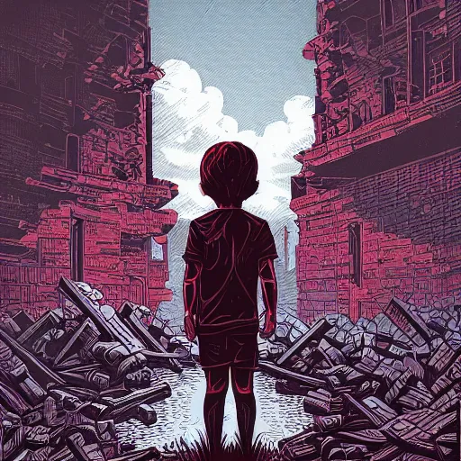 Prompt: a child with bloody red hands standing in ruins by Dan Mumford