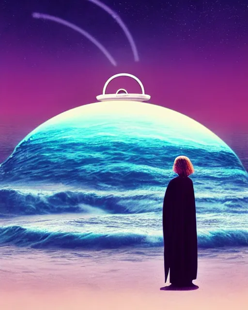 Image similar to a person wearing a white cloak that's blowing in the wind. they are standing in the water. a large planet with rings is visible in the sky. an album cover by stanley twardowicz, trending on cg society, retrofuturism, retrowave, chillwave, synthwave