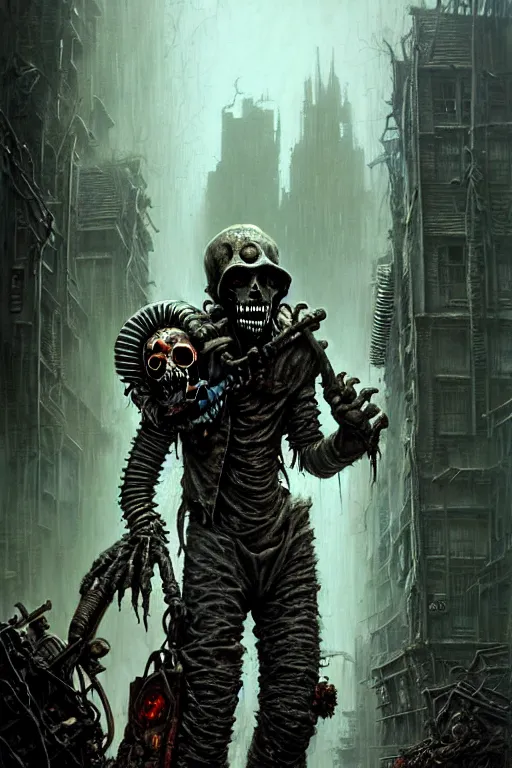Prompt: a ghoul wearing raider gear standing against an intricate detailed postapocalyptic cityscape james gurney, dan luvisi, Petros Afshar, tim hildebrandt, liam wong, Mark Riddick, thomas kinkade, ernst haeckel, dan mumford, trending on artstation, josephine wall, WLOP, cgsociety by Gediminas Pranckevicius, trending on cgsociety and DeviantArt