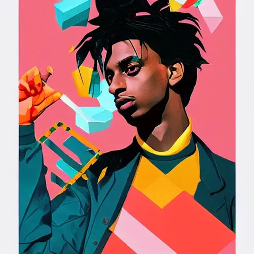 Prompt: Poster Art for Playboi Carti, Geometric 3d shapes, Paper Marbling, marijuana, smoke, by Sachin Teng, Trending on artstation