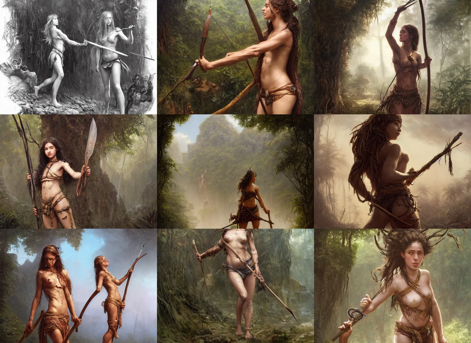 Prompt: artstation concept of a beautiful adventurous girl holding a spear, sweaty skin, symmetrical face, high body detail, jungle background, hyperdetailed, artstation trending, world renowned artists, worth1000.com, cgsociety, by greg rutkowski, by Gustave Doré, by Marco Turini, by Artgerm, Deviantart in the style of Tom Bagshaw, Cedric Peyravernay, Peter Mohrbacher