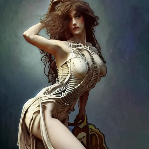 Image similar to beautiful woman turning into a skeleton, intricate, art by artgerm and greg rutkowski and alphonse mucha and william - adolphe bouguereau, high detailed, 4 k,