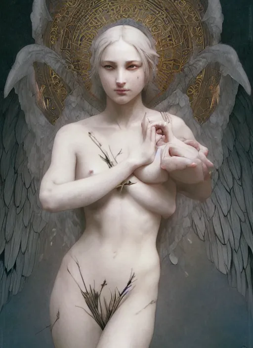 Image similar to beautiful angel with tattooes, intricate lights, bio luminescent, venomize, by ruan jia and artgerm and range murata and wlop and ross tran and william - adolphe bouguereau and beeple. key art. fantasy illustration. award winning, artstation, intricate details, realistic, hyperdetailed, 8 k resolution.