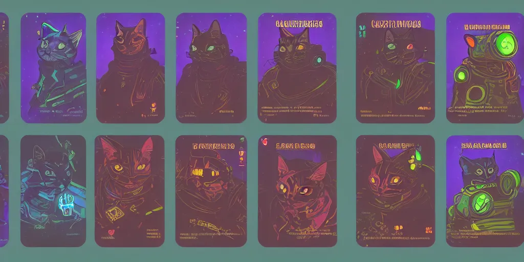 Image similar to card design concept art for a cyberpunk game about cats and cars and monsters, symmetrical, magic, by settlers of catan and cosmic encounters and fantasy fights