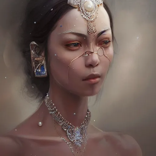 Image similar to a beautiful portrait of a pearl goddess with glittering skin, a detailed painting by greg rutkowski and raymond swanland, featured on cgsociety, fantasy art, detailed painting, artstation hd, photorealistic