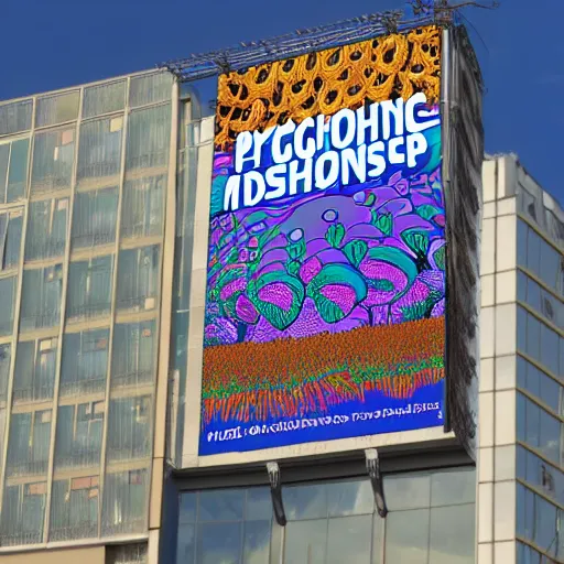 Prompt: psychedelic mushroom dispensary logo in a high billboard