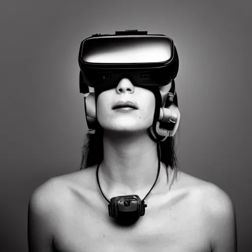 Image similar to portrait of a cyberpunk girl wearing vr headset, black & white photo by annie leibovitz