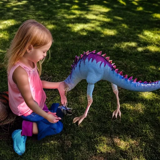 Image similar to color shot of a young girl playing with her pet dinosaurs, photorealistic,8k, XF IQ4, 150MP, 50mm, F1.4, ISO 200, 1/160s, natural light