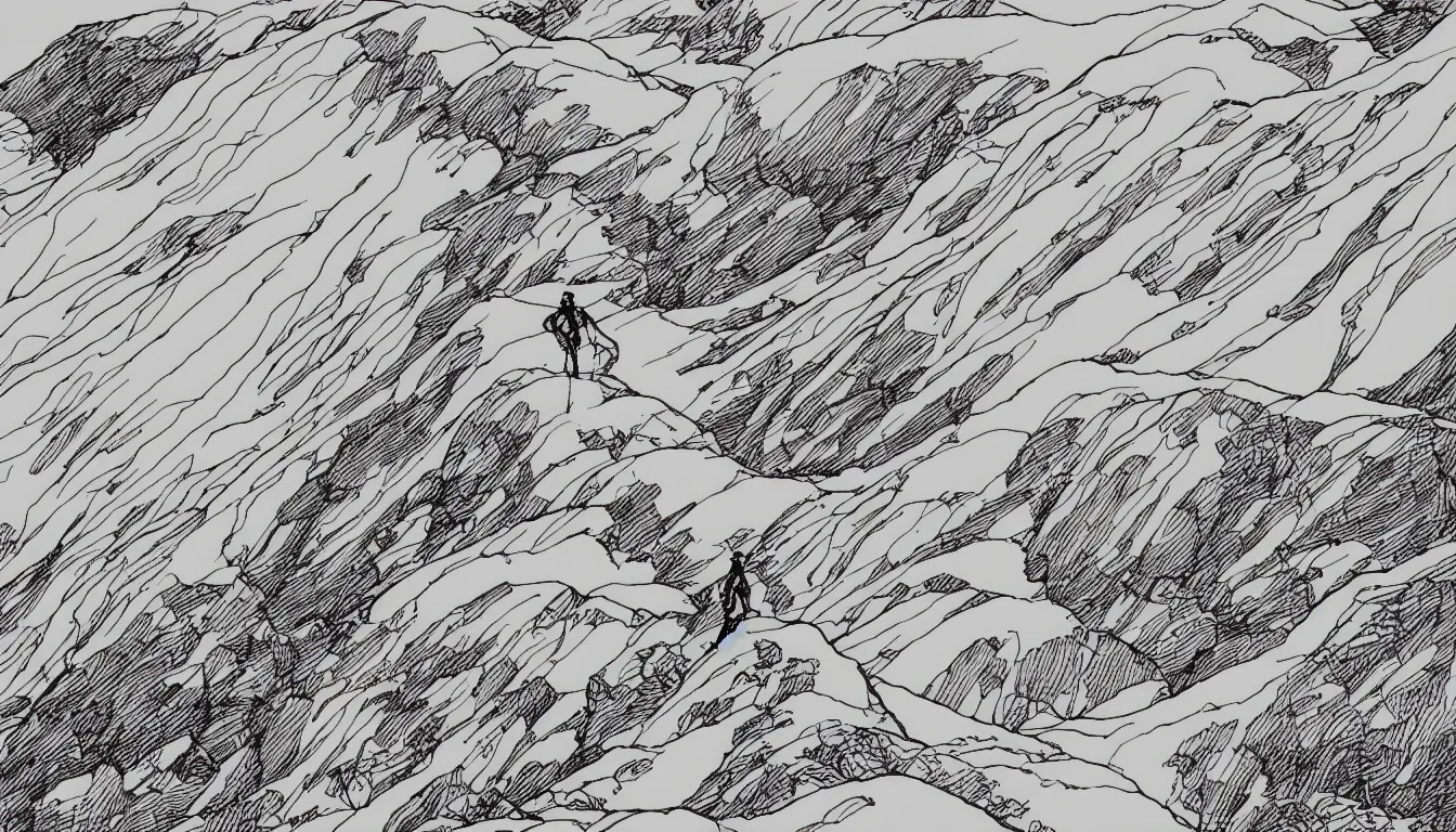 Image similar to lone backpacker on mountain ridgeline, minimalist line art by moebius, clean long lines, ultra detailed