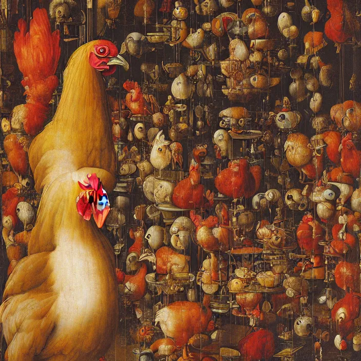 Prompt: a chicken in a hall of mirrors, chicken nebula, by jan van eyck