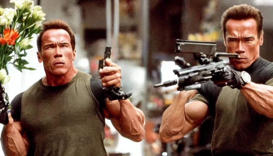 Prompt: big budget action movie where arnold schwarzenegger shoots a minigun at a florist.