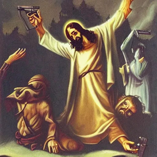 Image similar to jesus with guns killing demons