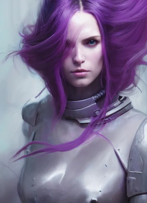 Prompt: painting, pale woman, sci - fi armor, purple flowing hair, beautiful, stoic face, gorgeous, face visible, scars, eyeliner, cinematic lighting, eva suit, wallpaper, extremely detailed, sharp focus, by greg rutkowski and [ [ [ wlop ] ] ], intricate, beautiful, award winning, trending on artstation, pixiv
