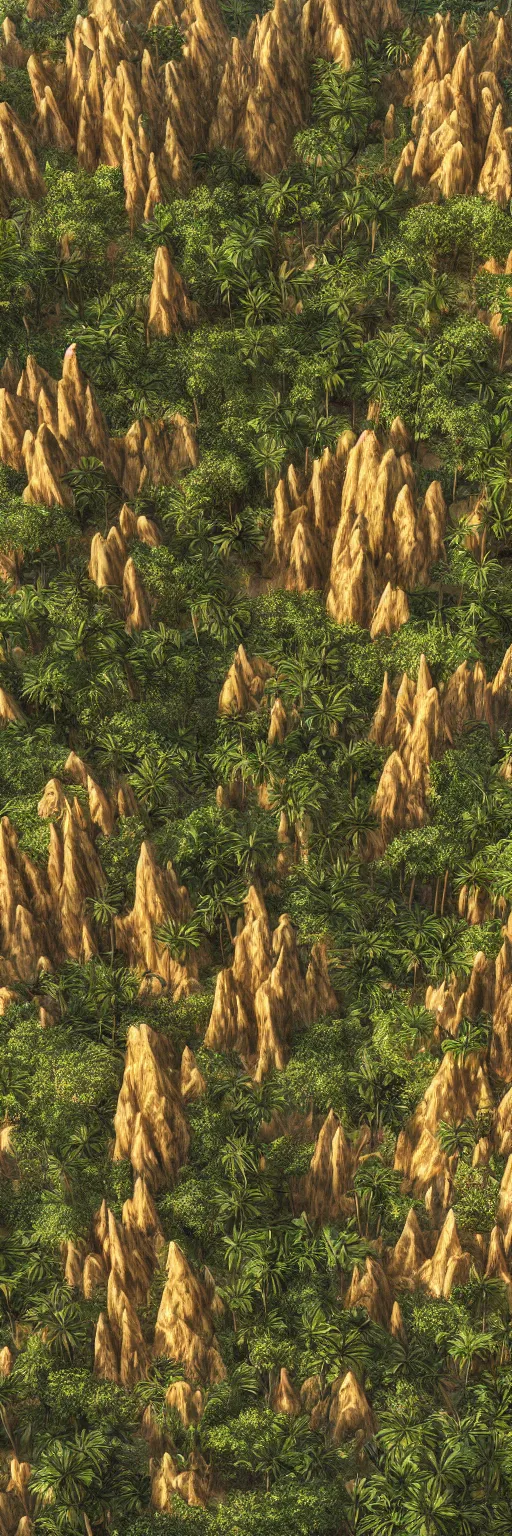 Image similar to photo of vertical golden village, arid mountains and lush palm forest, photo realism, sharp focus, octane