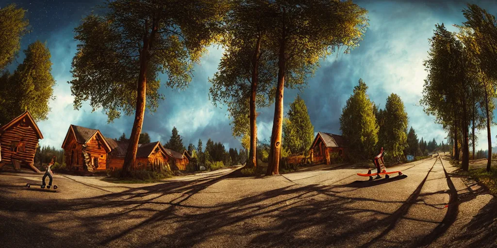 Prompt: a detailed beautiful matte painting of a skateboarder, kick flip, pilgrim village setting, log homes, dirt road, trees by Mikko Lagerstedt and Raphael Lacoste, graffiti log homes with graffiti by Fintan Magee, fisheye lens