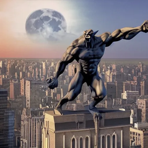 Prompt: a still from the live action film based on the 9 0 s series gargoyles, featuring the hero goliath, posed on top of a building at night, urban, full moon, skyline, new york city, highly detailed, live action cg render