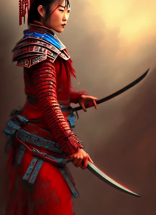 Image similar to establishing cinematic movie scene of a wrathful samurai warrior woman dressed in red holding a lotus flower killing street thugs dressed in blue garbs, cinematic scene!, intricate, elegant, highly detailed, lotus flower, artstation, concept art, smooth, sharp focus, wlop