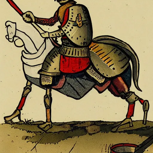 Prompt: one - armed medieval armored knight with bucket on his head, painting