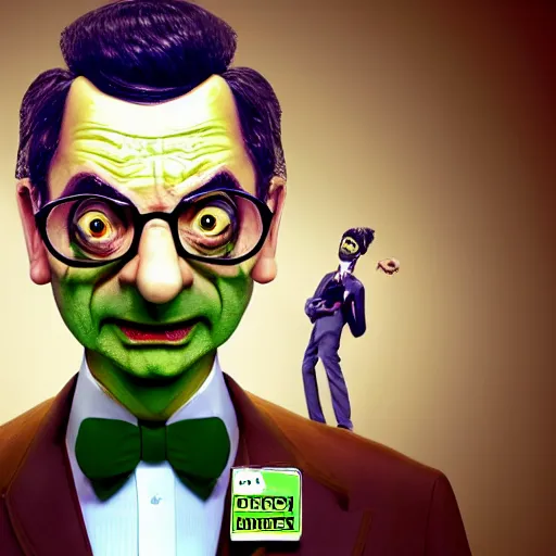 Image similar to mr. bean depicted as a mad scientist, wearing a lab coat, mixing green acids, digital art, trending on artstation and unreal engine