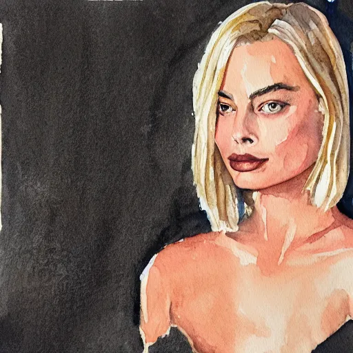 Prompt: a watercolor portrait of margot robbie