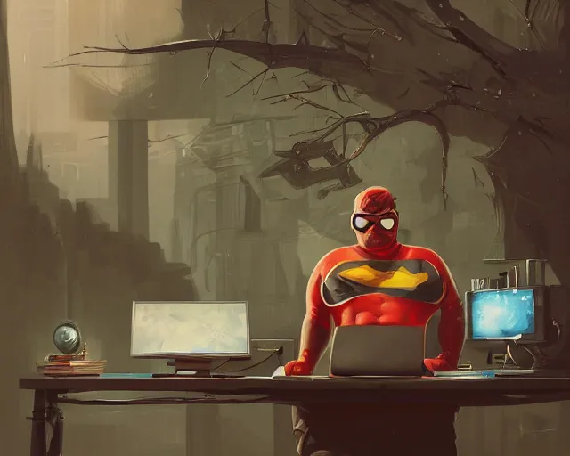 Image similar to an insanely detailed painting of a slightly chubby, nerdy asian man wearing a superhero costume and mask, sitting at a desk, staring at the nervously at the computer and typing, in the style of peter mohrbacher, dramatic lighting and composition, octane render, trending on artstation, concept art, comic book, view from back