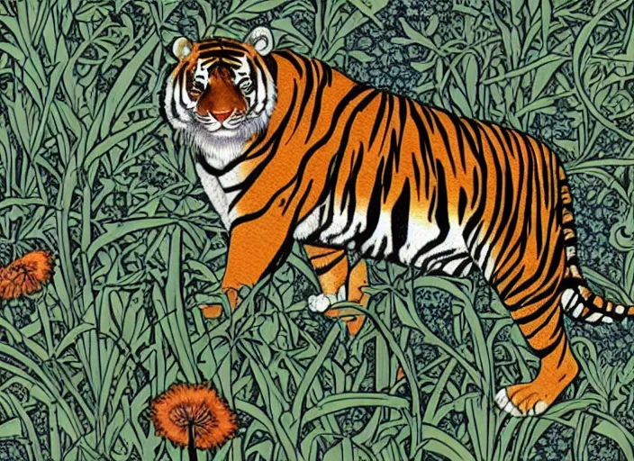 Image similar to a tiger in the centella asiatica in android jones and william morris style