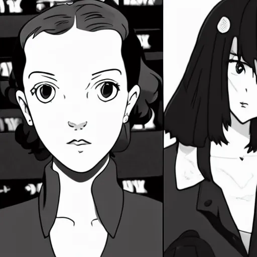 Image similar to Millie Bobby Brown in black and white anime