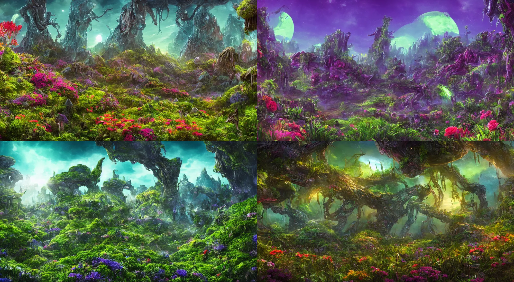 Prompt: alien landscape in disney style , lots of flowers and vegetation, cinematic lighting
