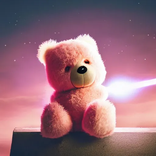 Image similar to fluffy pink teddybear wearing superhero costume, cinematic explosions, dramatic pose