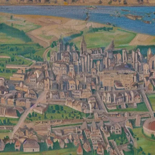 Prompt: an oil painting of a medieval city from the bird's eye view