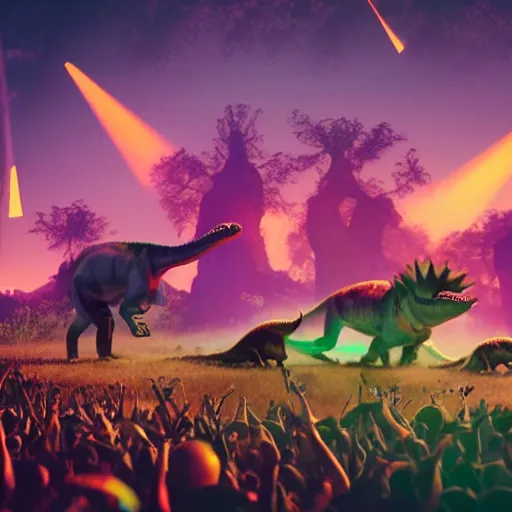 Image similar to a group of dinosaurs having a rave party at boom festival main stage, rendered in octane