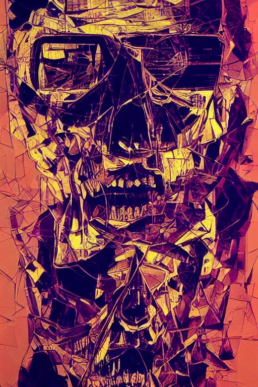 Prompt: wideangle, a portrait of a shattered skull, lost in tensor fields, madness, decoherence, synthwave, glitch!!, fracture, realistic, hyperdetailed, concept art, golden hour, art by syd mead, cubism