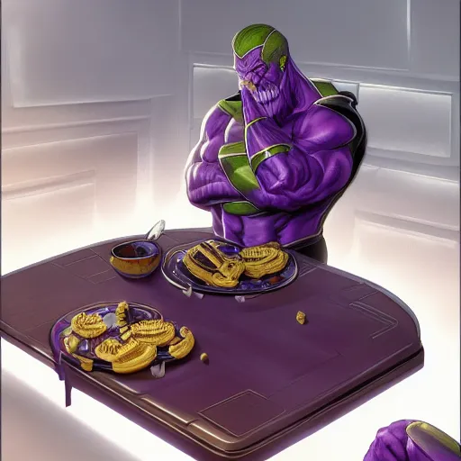 Image similar to Thanos sitting down at a table eating Oreos, hyperdetailed, artstation, cgsociety, 8k