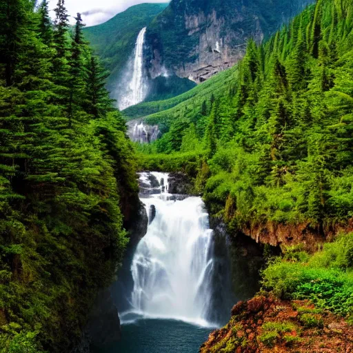 Image similar to a stunning natural landscape, with mountains, forests and a waterfall