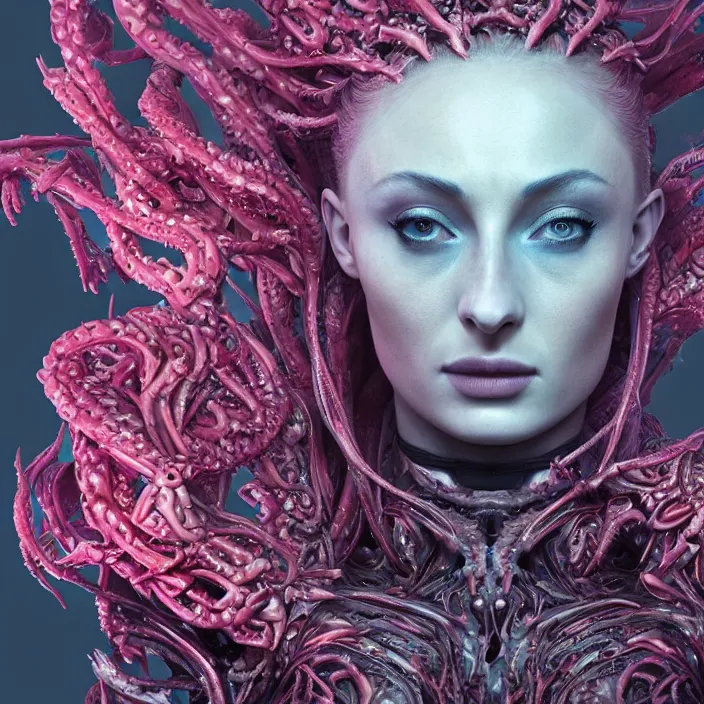 Image similar to portrait of Sophie Turner as Kerrigan Queen of Blades. intricate abstract. intricate artwork. nightmare fuel. by Tooth Wu, wlop, beeple, dan mumford. octane render, trending on artstation, greg rutkowski very coherent symmetrical artwork. cinematic, hyper realism, high detail, octane render, 8k, iridescent accents