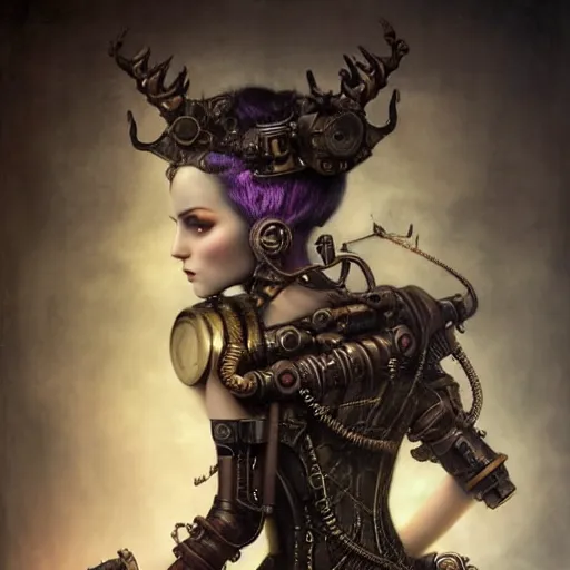 Image similar to rudolf freund dan mumford tom bagshaw, dream world, photorealistic soft paint of a single very beautiful aristocrat full long steampunk armored, ultra deep fog, purple black lustrous thin haircut, partial symmetry accurate features, focus, very intricate ultrafine details, award winning masterpiece, steampunk world