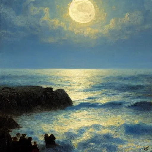 Image similar to a matte painting of the ocean at night with a full moon, an oil painting by Laurits Tuxen, deviantart, impressionism, deviantart