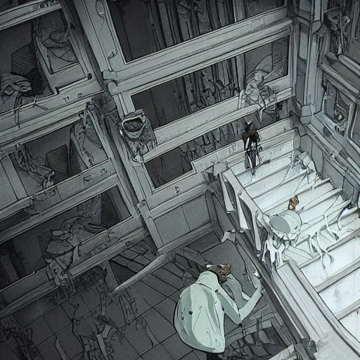 Image similar to a flood of slime in a bright white hallway with many doors and many stairs, Mc Escher architecture, epic composition, by Makoto Shinkai