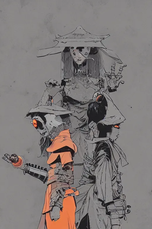 Prompt: interzone orange grey secret society, samurai girl at the crumbling temple by ashley wood and mike mignola and mike ploog and katuya terada and moebius, artstation, 4 k detailed post processing, footage