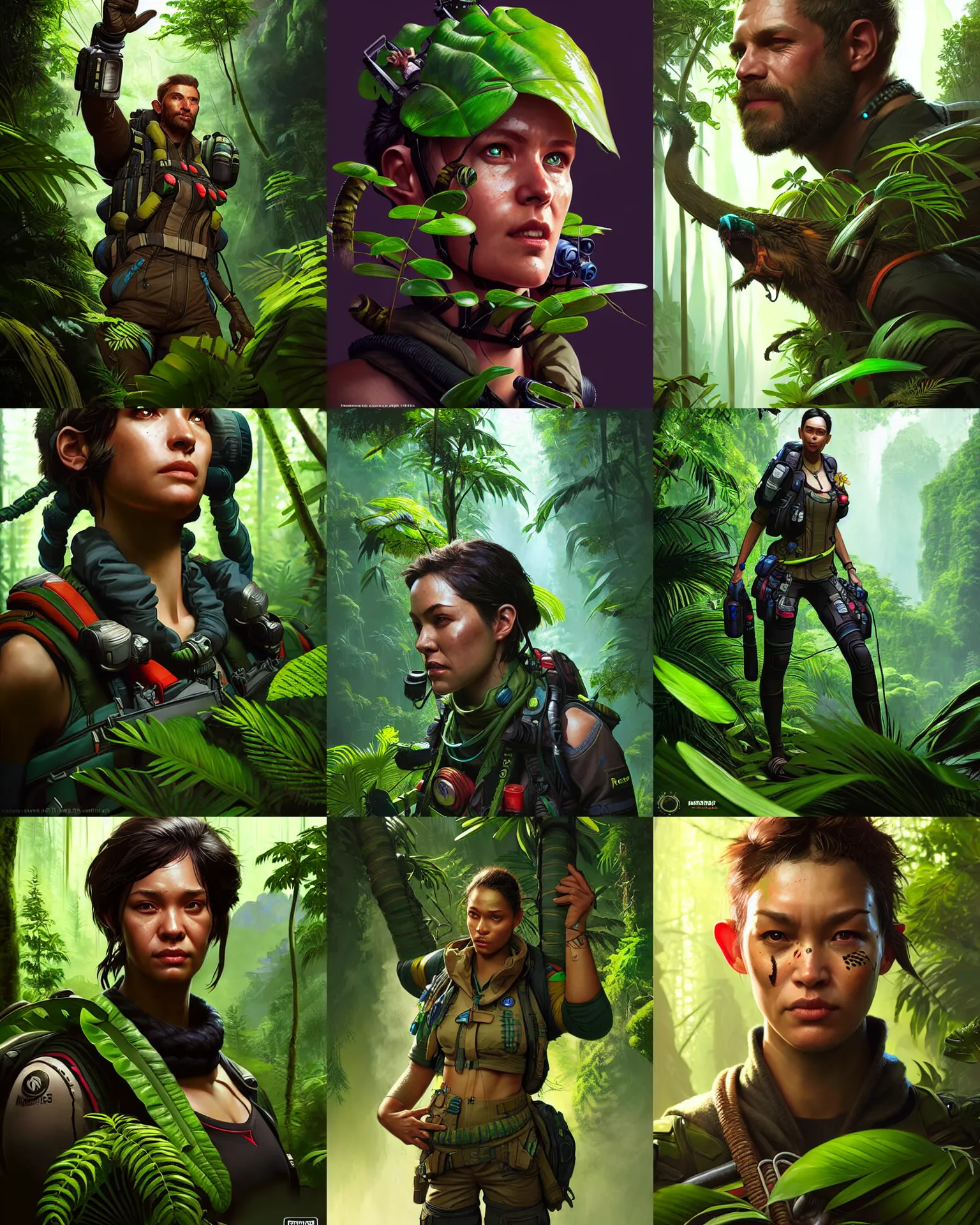 Prompt: rainforest as an apex legends character digital illustration portrait design by, mark brooks and brad kunkle detailed, gorgeous lighting, wide angle action dynamic portrait