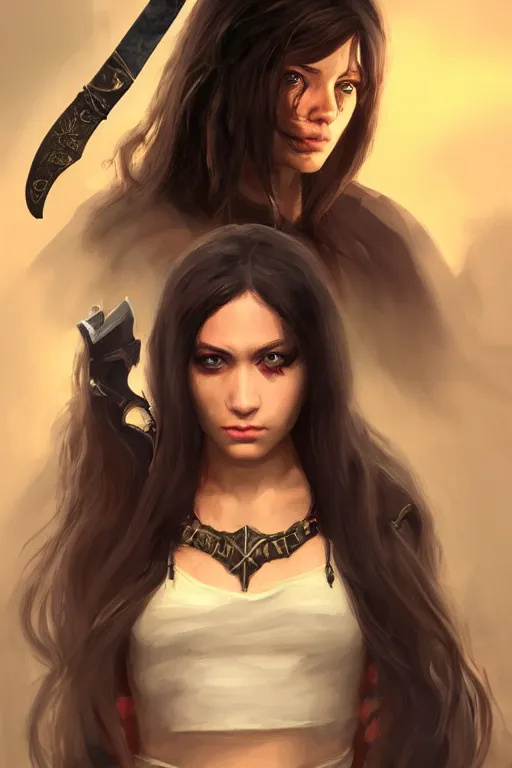 Image similar to hyper realistic, DnD portrait of a young thief girl with long dark hair and an eye path, holding a dagger between her teeth, masterpiece, trending on artstation, award-winning, 8k hq