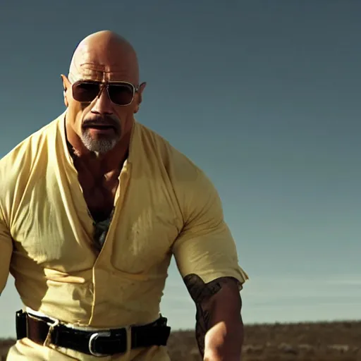 Prompt: Dwayne The Rock Johnson as Walter White in 'Breaking Bad' (2012), movie still frame, oscar nominated cinematography, volumetric lighting, 8k resolution, beautiful composition
