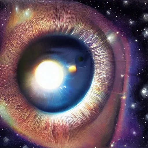 Image similar to a highly detailed photorealistic painting of a human eye reflecting outer space