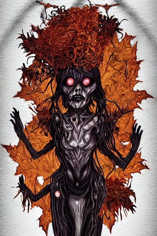 Image similar to Samhain figure, creature, wicca, occult, harvest, fall, creepy, colorful, witchcore, wide angle, super highly detailed, professional digital painting, artstation, concept art, smooth, sharp focus, no blur, no dof, extreme illustration, Unreal Engine 5, Photorealism, HD quality, 8k resolution, cinema 4d, 3D, beautiful, cinematic, art by artgerm and greg rutkowski and alphonse mucha and loish and WLOP