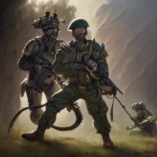 Image similar to An Australian Soldier Being Dragged by Emu Regiments, Fantasy Illustration by Tony Sart, Trending on artstation
