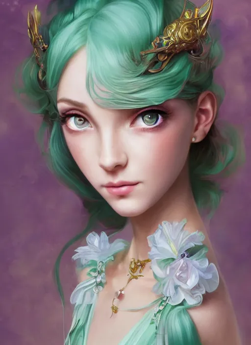 Prompt: Portrait of magical girl, dreamy and ethereal, mint green eyes, peaceful expression, ornate frilly dress, fantasy, intricate, elegant, beautiful, digital art, dynamic lighting, golden ratio, highly detailed, digital painting, trending on artstation, concept art, smooth, sharp focus, illustration, photo realistic, art by artgerm and greg rutkowski and alphonse mucha, 4K