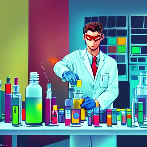 Image similar to character concept of a color scientist superhero mixing colors in his lab, detailed cinematic illustration digital art